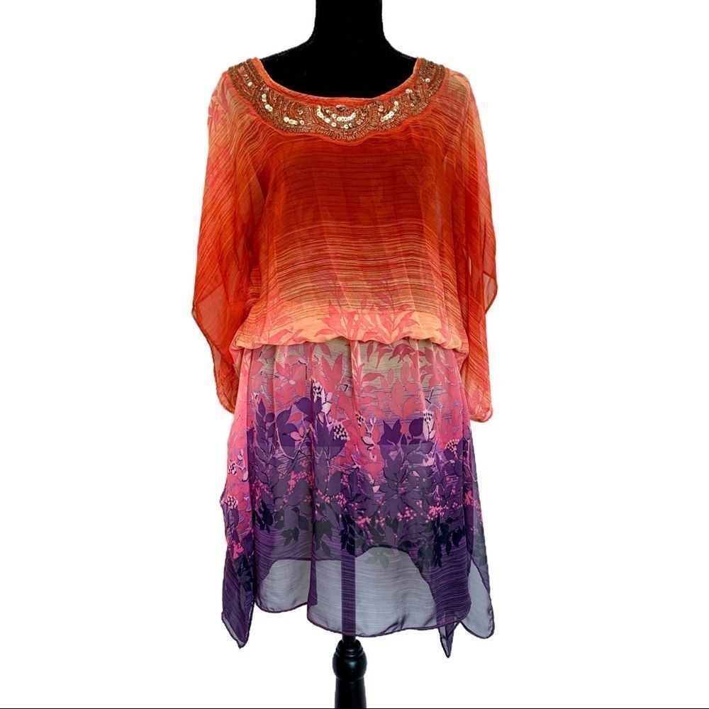𝅺NICHII Beach cover-up sequin Sunset colours short sleeve chiffon kimono blouse